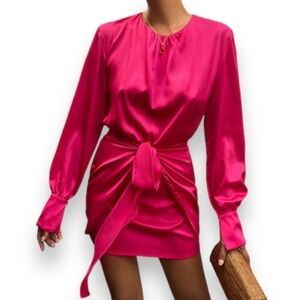 NWT Morrisday The Label Dress Fuschia Pink Wrap Mini Longsleeve Cocktail Size S.